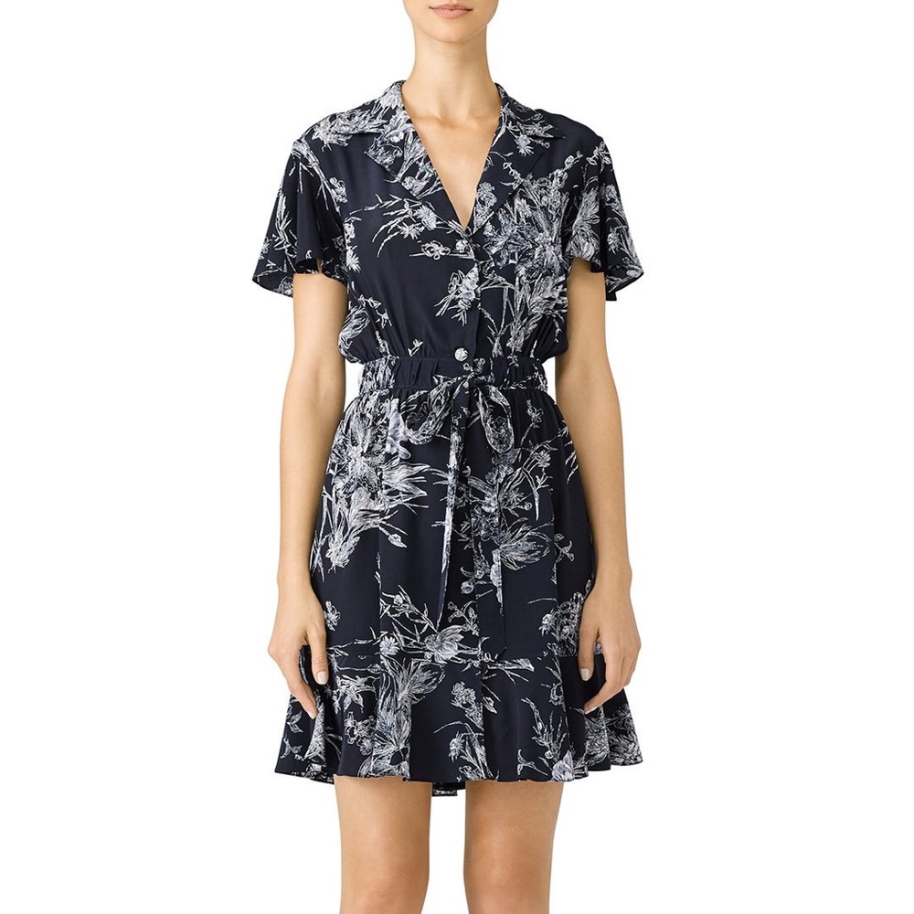 Cinq a Sept dress 100% silk Navy and White Floral Mini floral Quincy shirtdress